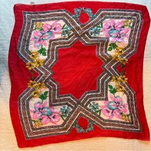 Vintage Sheer Silk Scarf, Hand Rolled, Made in USA. Red Geometric Floral Design.